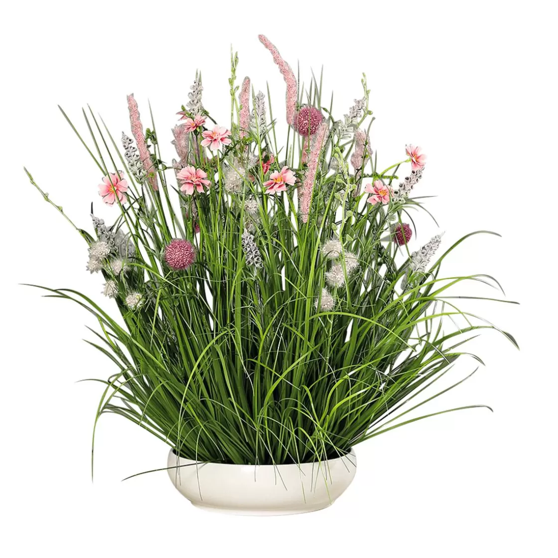 Decoración De Primavera | Hierba Decorativa>DecoWoerner Arreglo Floral Artificial Pradera En Tazón Blanco 58 Cm rosa