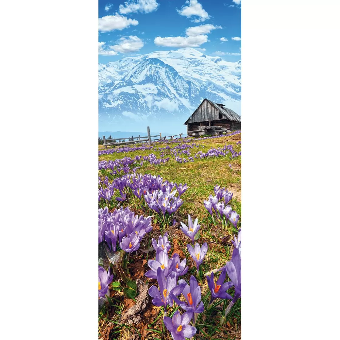 Decoración De Primavera | Pancartas De Primavera>DecoWoerner Pancarta De Tela Ignífuga "Cabaña Alpina, Montañas Y Azafranes Morados" De Tela De Bandera 75 X 180 Cm violeta
